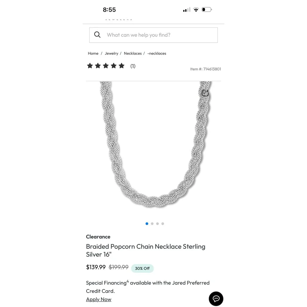 Jared Braided Popcorn Chain Necklace 925 Sterling Silver 16 Inch Woven Mesh